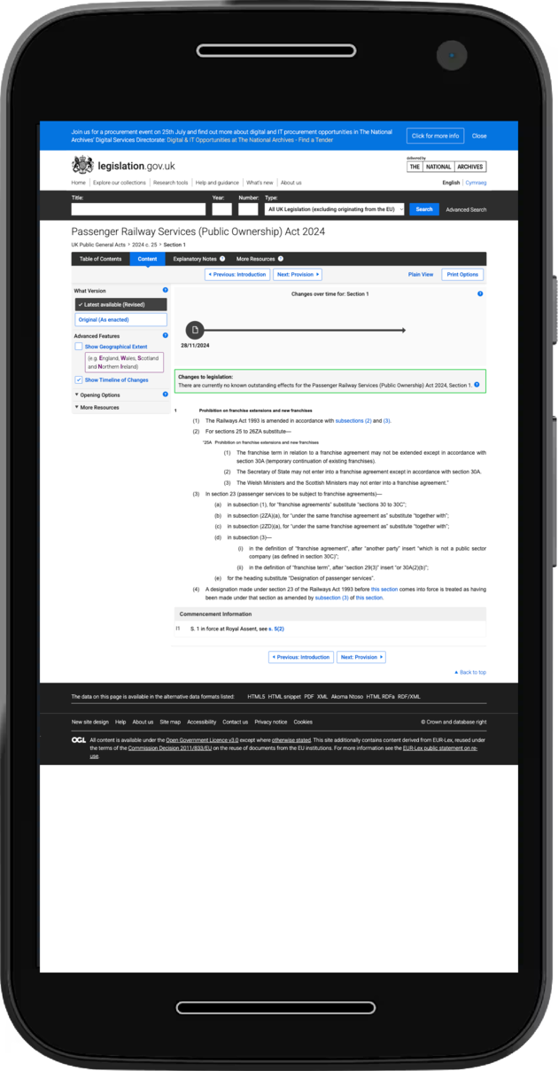 A mobile screenshot of the official legislation.gov.uk site, which does not work well on mobile and all the text is really tiny.
